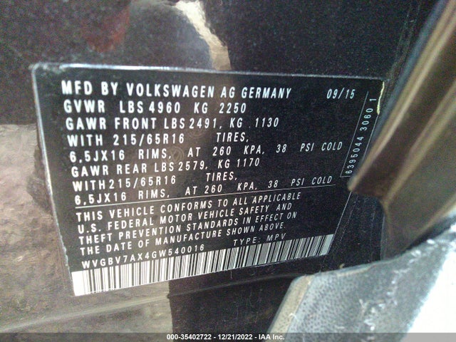 2016 Volkswagen Tiguan, VIN: WVGBV7AX4GW540016