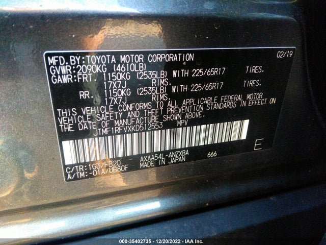2019 TOYOTA RAV4 LE VIN: JTMF1RFVXKD512553