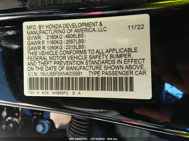 35402751 :رقم المزاد ، 19UUB5F5XNA005981 vin ، 2022 Acura Tlx W/a-spec Package مزاد بيع