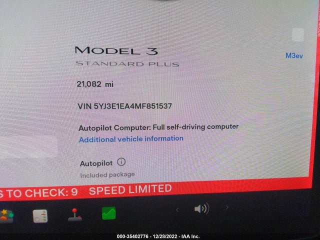 Tesla Model 3 Standard Range Plus 2021 5YJ3E1EA4MF851537 Image 8