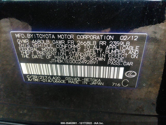 Lexus ES 2012 JTHBK1EG0C2492891 Image 10