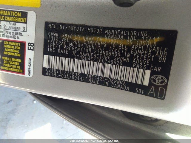 2011 TOYOTA COROLLA L/LE/S VIN: 2T1BU4EE1BC749620