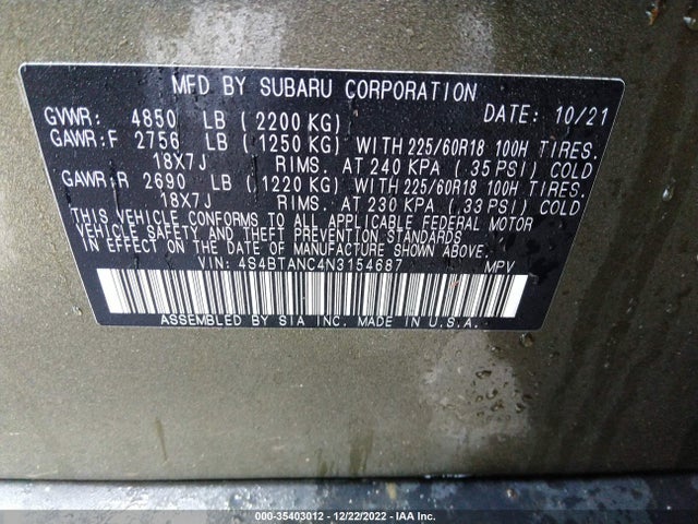 2022 Subaru Outback, VIN: 4S4BTANC4N3154687