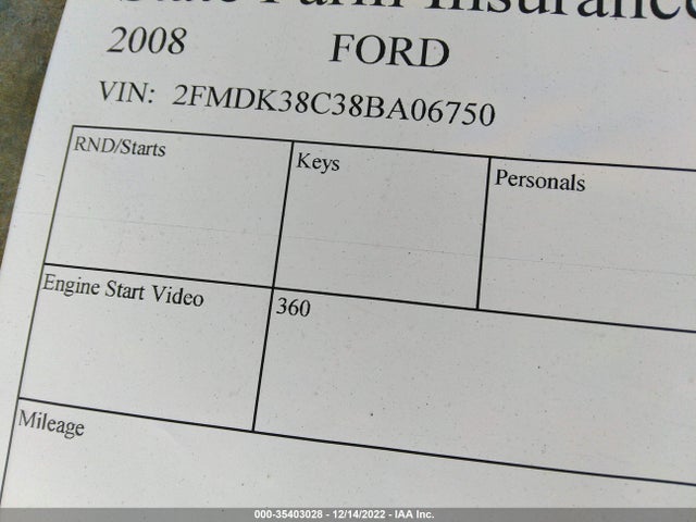 2008 FORD EDGE SEL VIN: 2FMDK38C38BA06750