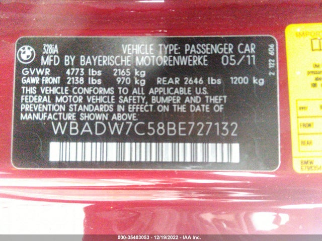 2011 BMW 3 SERIES 328I VIN: WBADW7C58BE727132
