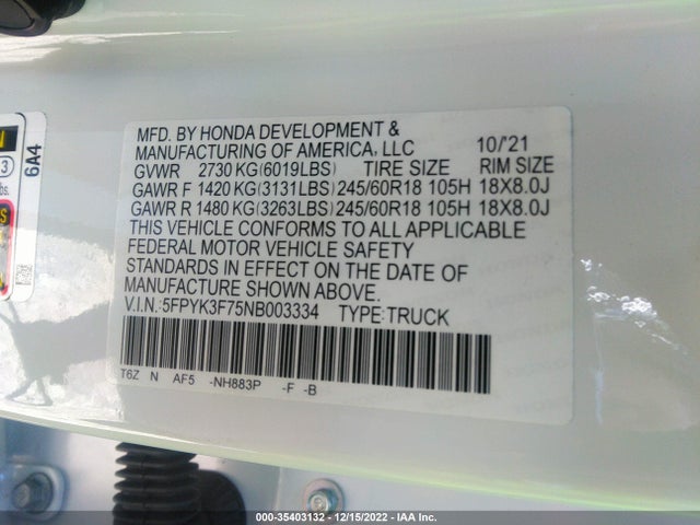 2022 Honda Ridgeline, VIN: 5FPYK3F75NB003334