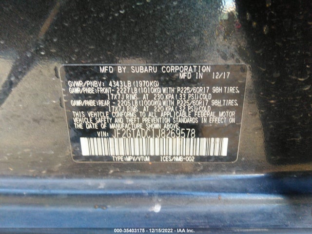 2018 SUBARU CROSSTREK PREMIUM VIN: JF2GTADC1J8269578