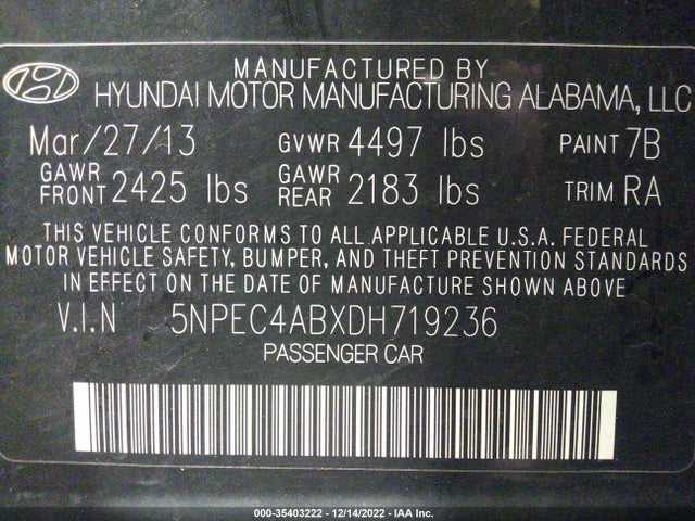 2013 HYUNDAI SONATA LIMITED VIN: 5NPEC4ABXDH719236