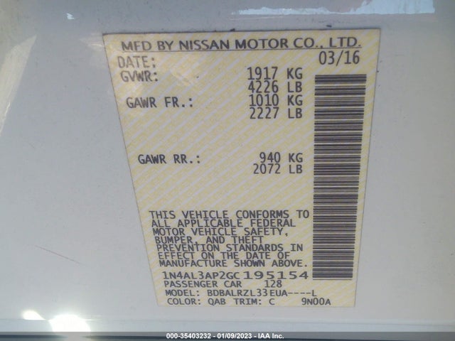 2016 NISSAN ALTIMA 2.5 SL VIN: 1N4AL3AP2GC195154
