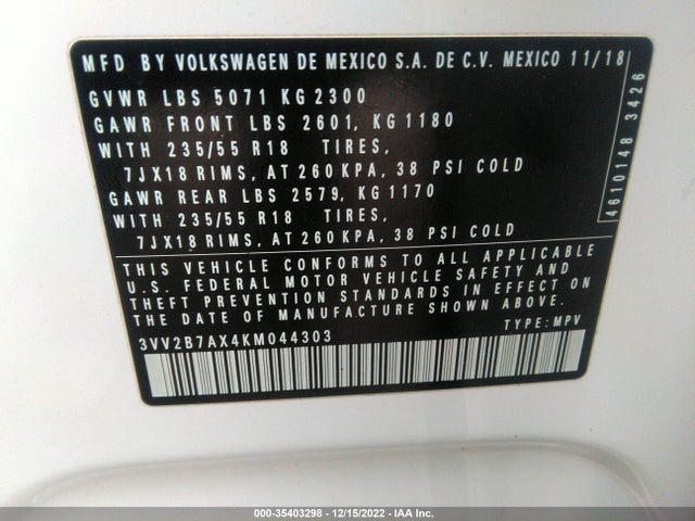 2019 Volkswagen Tiguan, VIN: 3VV2B7AX4KM044303