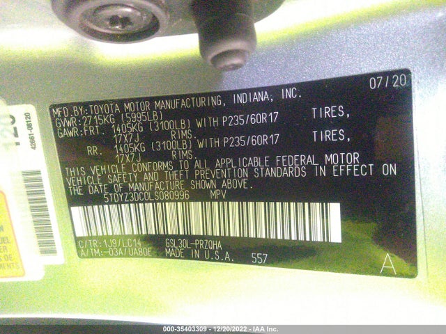 2020 Toyota Sienna, VIN: 5TDYZ3DC0LS080996