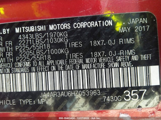 Mitsubishi OUTLANDER SPORT 2017 JA4AR3AU6HZ053963 Image 9