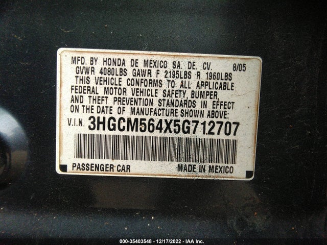 2005 HONDA ACCORD SDN LX VIN: 3HGCM564X5G712707