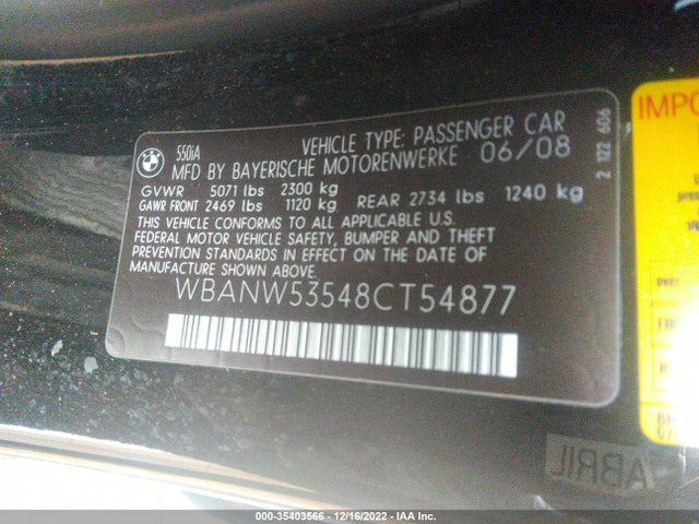 2008 BMW 5 SERIES 550I VIN: WBANW53548CT54877
