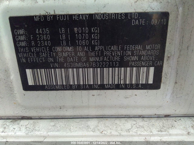 2011 SUBARU LEGACY 2.5I VIN: 4S3BMBA67B3222113