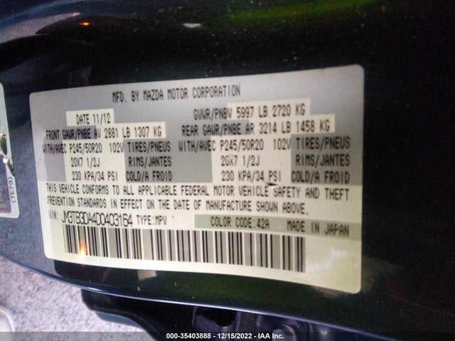 2013 MAZDA CX-9 GRAND TOURING VIN: JM3TB3DA4D0403164