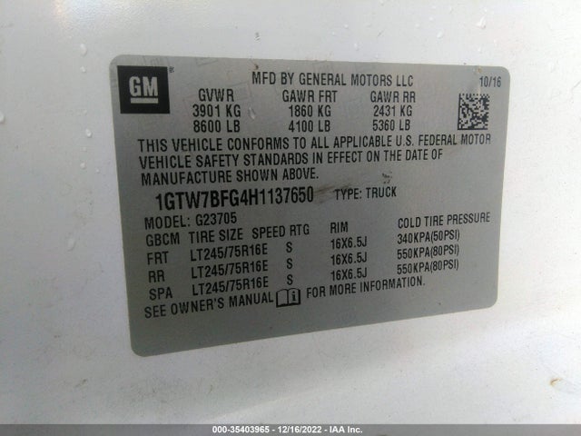 2017 GMC Savana, VIN: 1GTW7BFG4H1137650