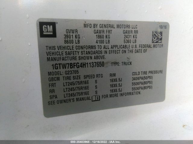 1GTW7BFG4H1137650 GMC SAVANA CARGO VAN