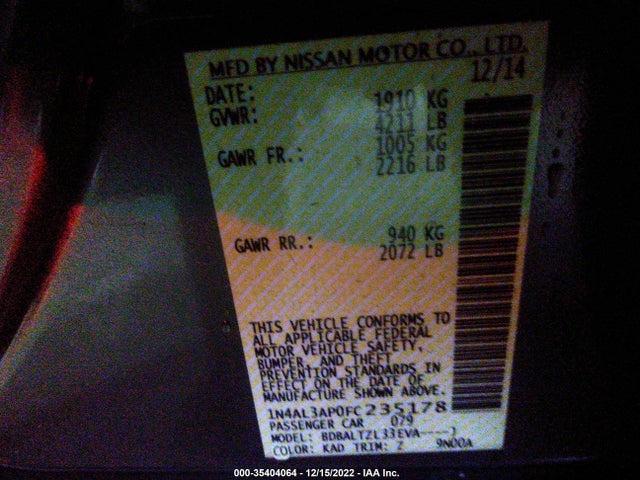 2015 NISSAN ALTIMA 2.5 SL VIN: 1N4AL3AP0FC235178