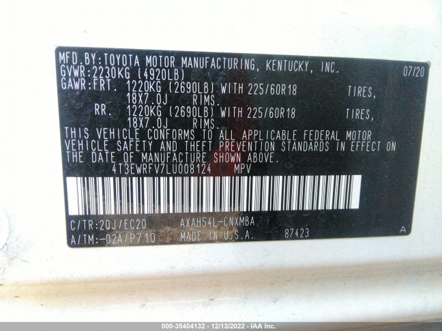 2020 Toyota RAV4, VIN: 4T3EWRFV7LU008124
