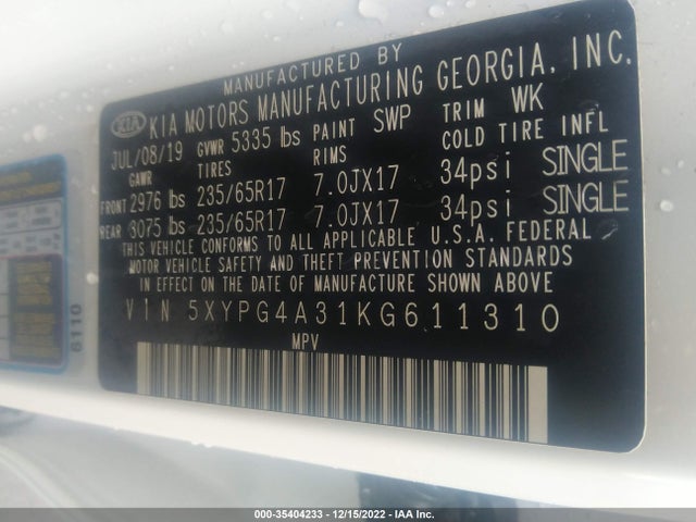 2019 KIA SORENTO L VIN: 5XYPG4A31KG611310