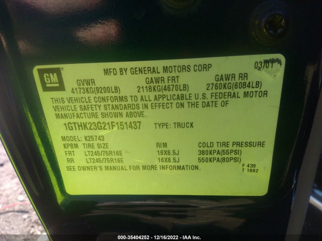 GMC Sierra 2500hd Sle 2001 1GTHK23G21F151437 Image 10
