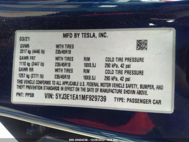 Tesla Model 3 Standard Range Plus 2021 5YJ3E1EA1MF929739 Image 11