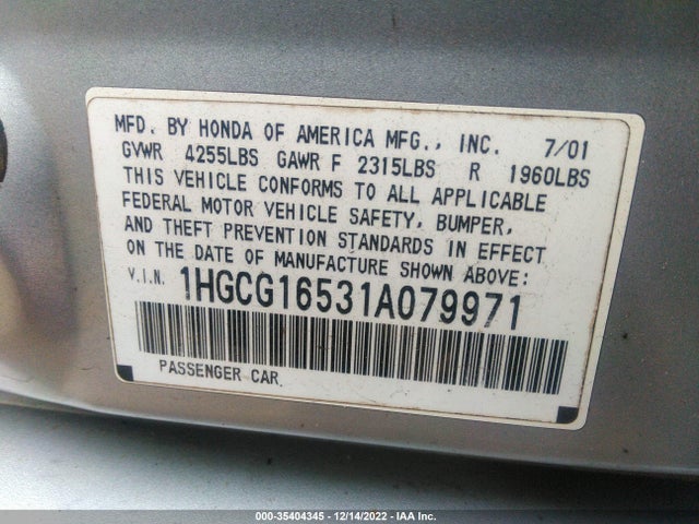 2001 HONDA ACCORD SDN EX W/LEATHER VIN: 1HGCG16531A079971