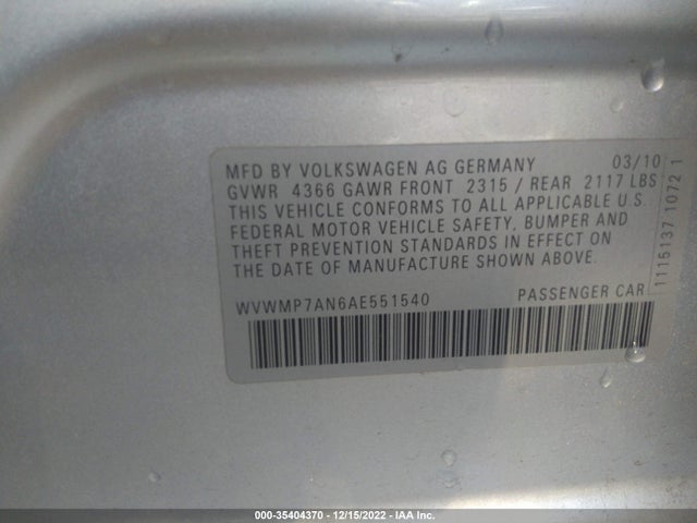 2010 VOLKSWAGEN CC SPORT VIN: WVWMP7AN6AE551540