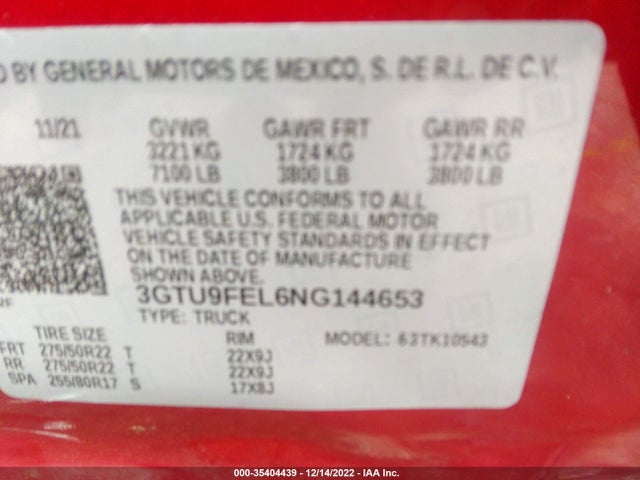 2022 GMC Sierra 1500, VIN: 3GTU9FEL6NG144653