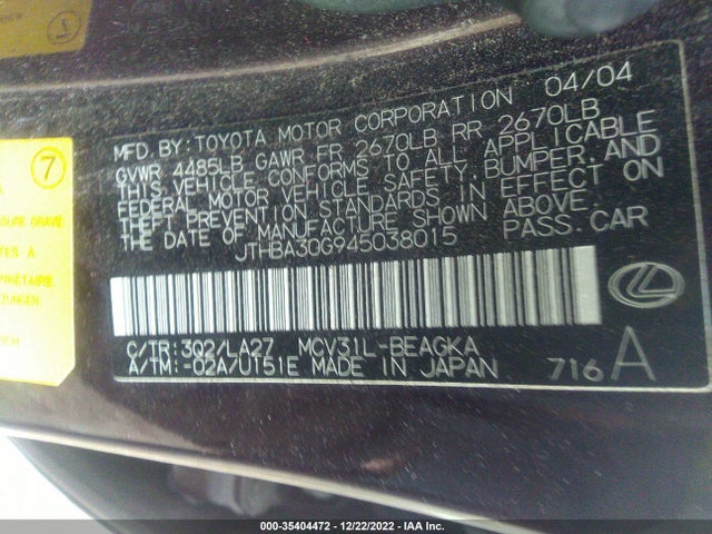 Lexus ES 330 2004 JTHBA30G945038015 Image 11