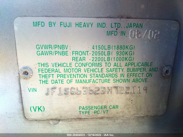 Subaru FORESTER X 2003 JF1SG63623H722119 Image 10