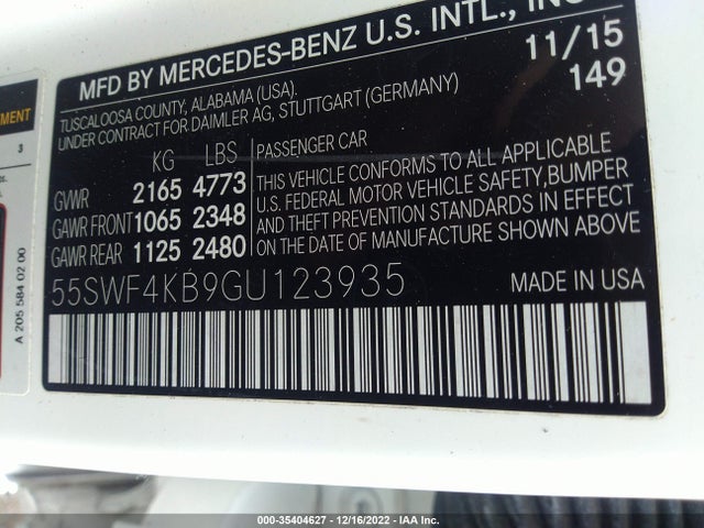 2016 Mercedes-Benz C-Class, VIN: 55SWF4KB9GU123935