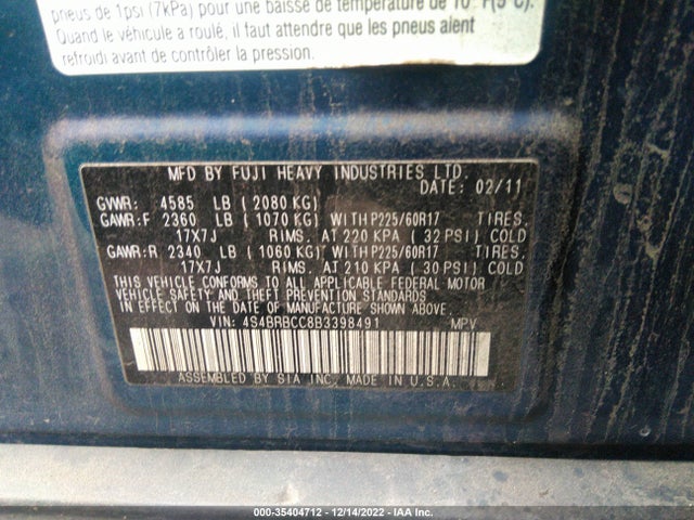 Subaru Outback 2011 4S4BRBCC8B3398491 Image 9