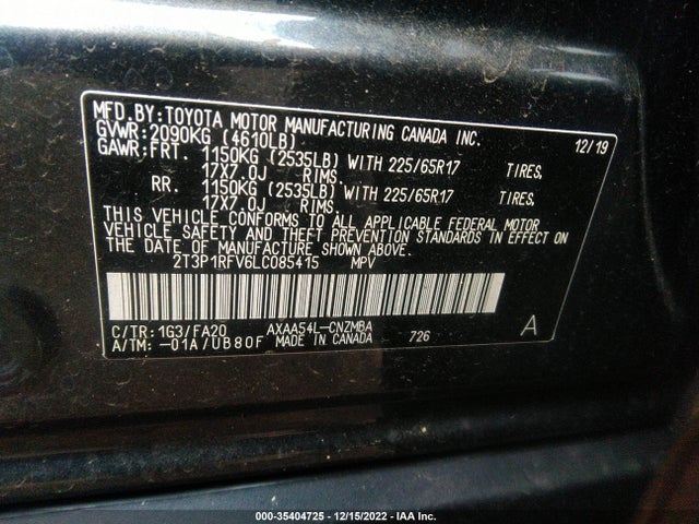 2020 TOYOTA RAV4 XLE VIN: 2T3P1RFV6LC085415