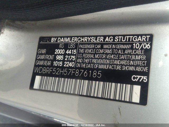 2007 MERCEDES-BENZ C-CLASS 2.5L SPORT VIN: WDBRF52H57F876185