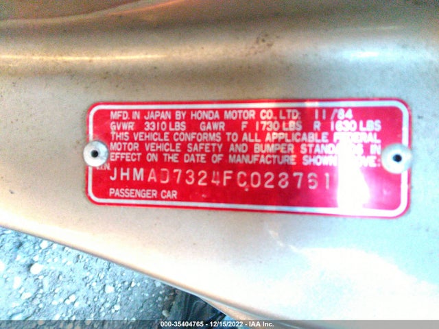 1985 HONDA ACCORD 1800 VIN: JHMAD7324FC028761