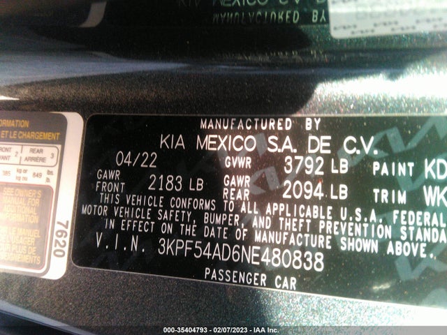 2022 Kia Forte, VIN: 3KPF54AD6NE480838