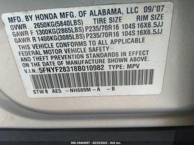 2008 HONDA PILOT SE VIN: 5FNYF28318B010982