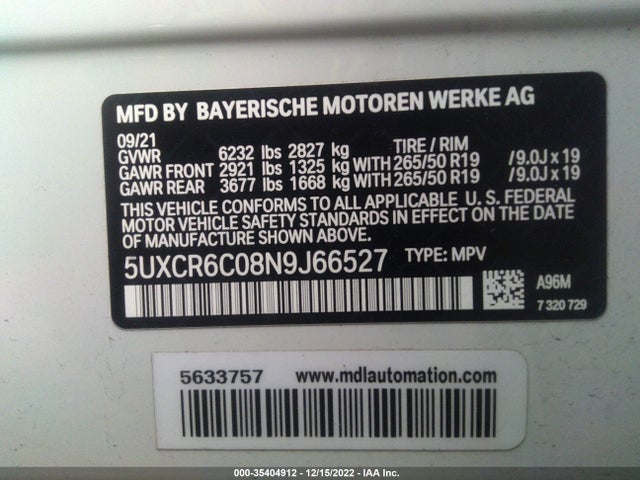 2022 BMW X5, VIN: 5UXCR6C08N9J66527