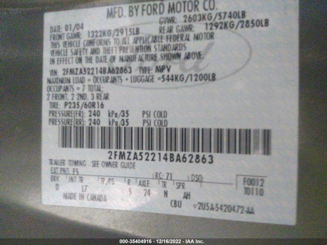 2004 FORD FREESTAR WAGON SEL VIN: 2FMZA52214BA62863