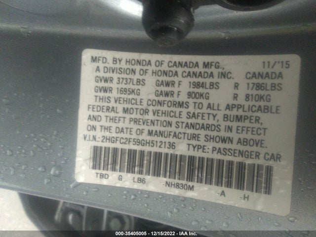 2016 HONDA CIVIC SEDAN LX VIN: 2HGFC2F59GH512136