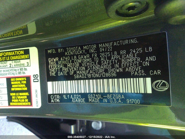 2022 Lexus ES, VIN: 58ADZ1B10NU128696