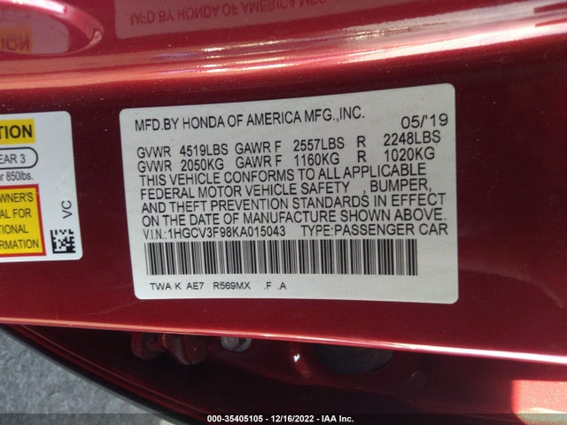 2019 HONDA ACCORD VIN: 1HGCV3F98KA015043