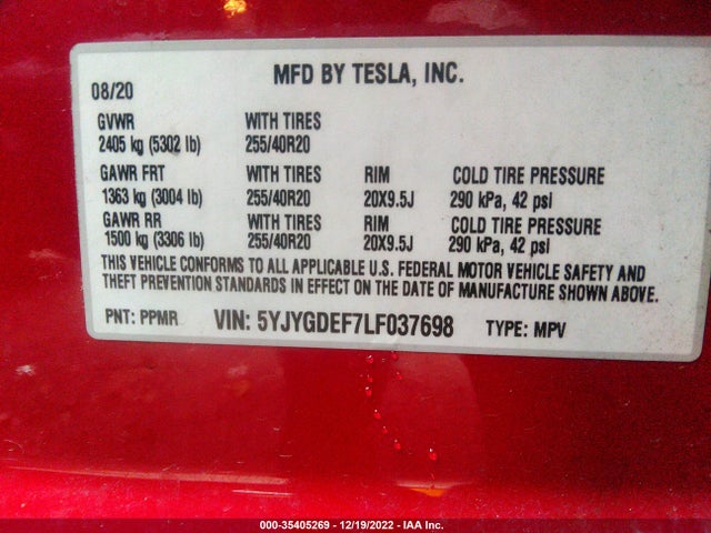 2020 Tesla Model Y, VIN: 5YJYGDEF7LF037698