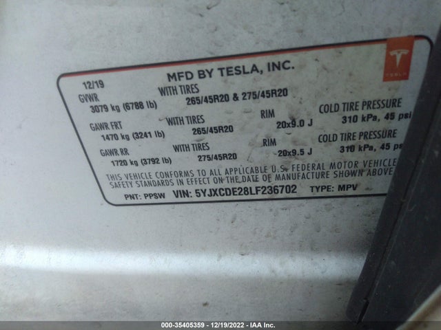 2020 Tesla Model X, VIN: 5YJXCDE28LF236702
