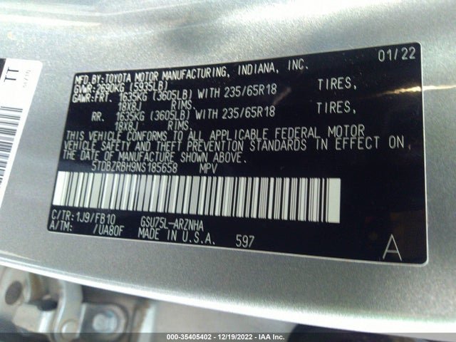 2022 Toyota Highlander, VIN: 5TDBZRBH9NS185658