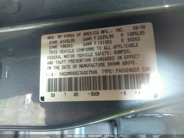 2007 HONDA ACCORD SDN EX-L VIN: 1HGCM56827A007596
