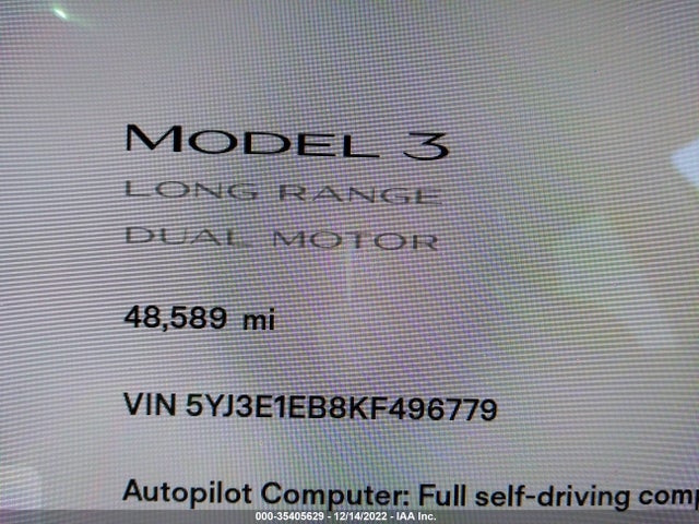 2019 Tesla 3, VIN: 5YJ3E1EB8KF496779