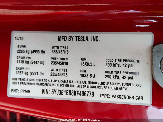 2019 Tesla 3, VIN: 5YJ3E1EB8KF496779